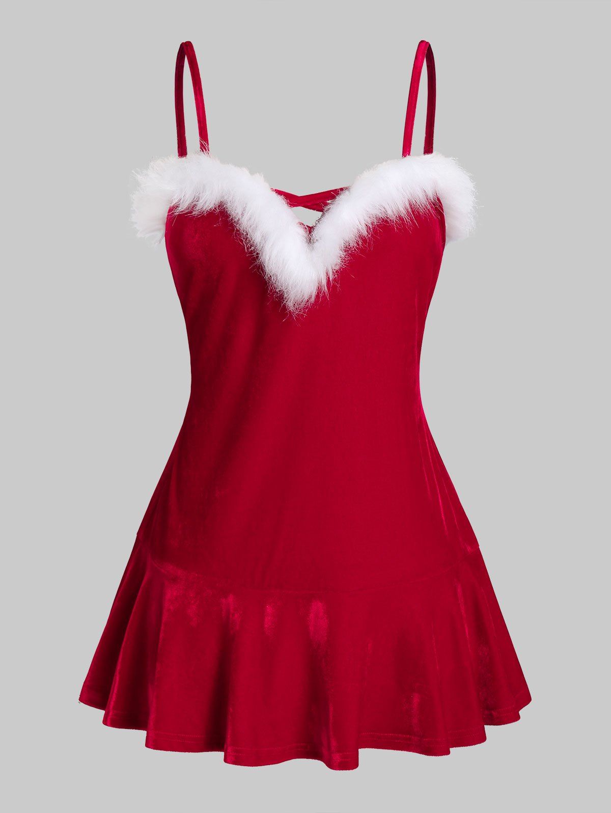 Plus Size Velvet Pep Hem Faux Fur Christmas Lingerie Dress