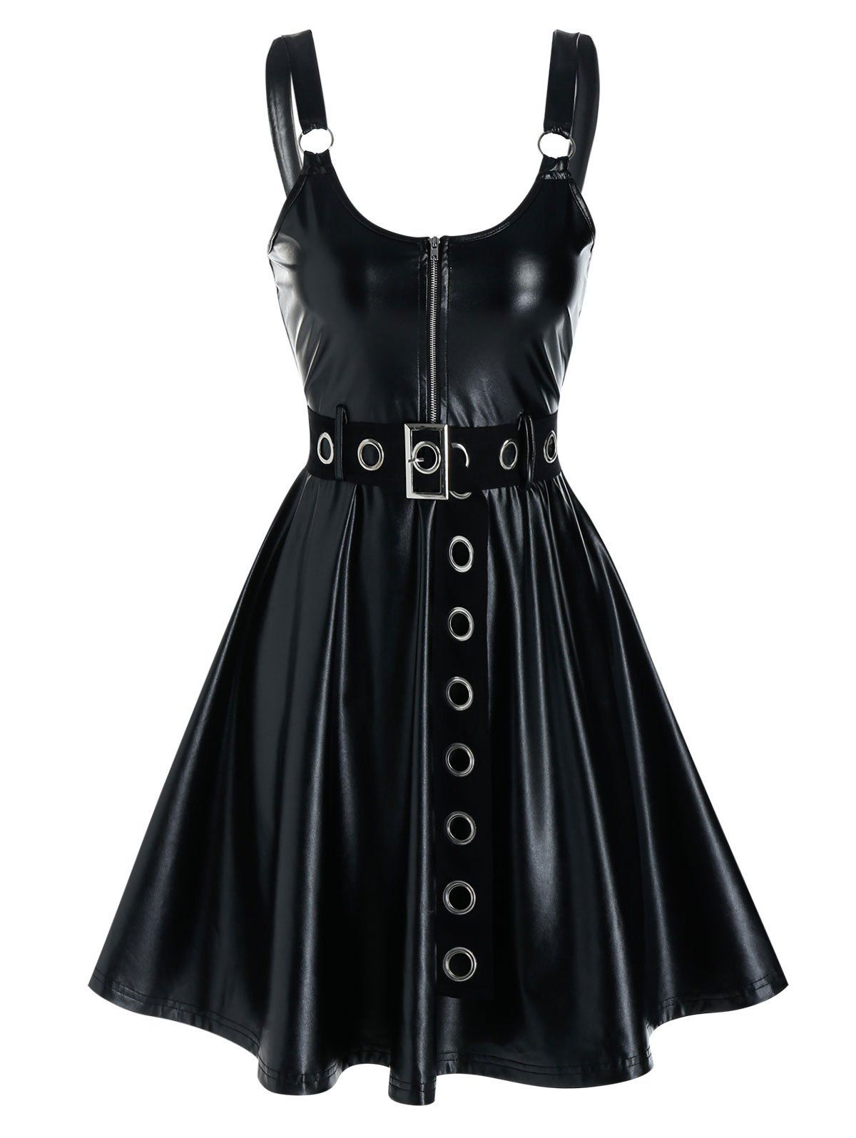 

Sleeveless Half Zip Grommet Belted Faux Leather Dress, Black
