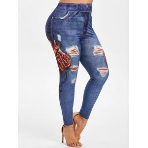 

Plus Size High Rise Butterfly Floral Print Leggings, Denim dark blue