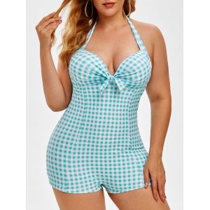 

Plus Size Halter Backless Gingham One-piece Swimsuit, Light green
