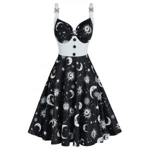 

Sun Moon Star Print Sleeveless Flare Dress, Black