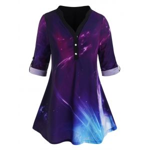 

Button Front Tab Sleeve Galaxy Plus Size Top, Purple