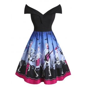 

Plus Size Halloween Off The Shoulder Skeleton Print Dress, Blue