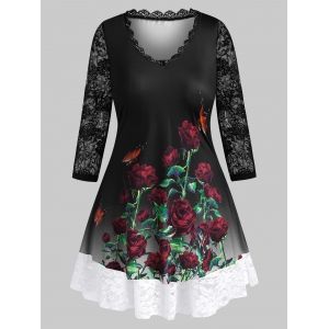 

Plus Size Flower Butterfly Print Lace Panel See Thru Tee, Black