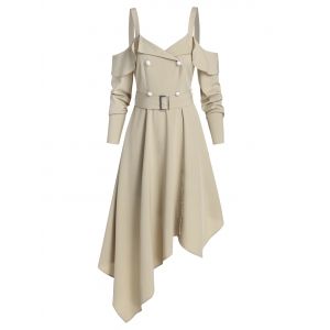 

Asymmetrical Cold Shoulder Belted Dress, Light khaki