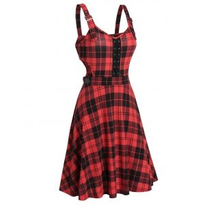 

Plaid Print Buckle Strap Cut Out Dress, Lava red