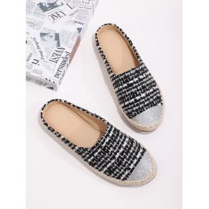 

Shiny Toe Tweed Espadrilles Half Flat Shoes, Black