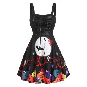 

Halloween Moon Pumpkin Print Lace-up Front Sleeveless Dress, Multi a