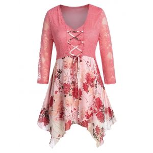 

Plus Size Lace Sheer Flower Lace-up Hanky Hem Blouse, Watermelon pink
