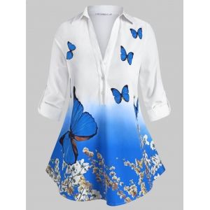 

Button Front Tab Sleeve Floral Butterfly Plus Size Shirt, White