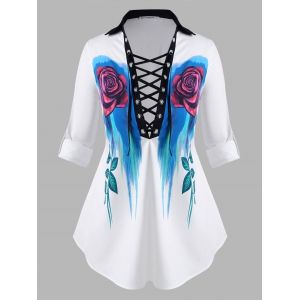 

Tab Sleeve Lace Up Rose Plus Size Shirt, White