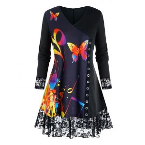 

Plus Size Butterfly Print Lace Panel Grommet T-shirt, Black