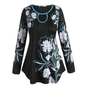 

Plus Size Flower Cutout Binding Curved Hem Tee, Black