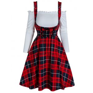 

Two Piece Cold Shoulder Plaid Print Mini A Line Dress, Red wine