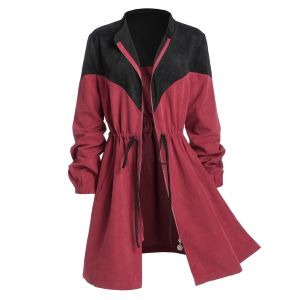 

Plus Size Corduroy Two Tone Drawstring Zip Pocket Coat, Red wine