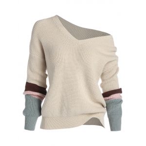 

Plus Size Skew Collar Patchwork Drop Shoulder Sweater, Light coffee