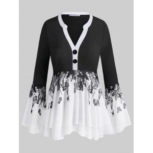 

Button Front Layered Insect Butterfly Plus Size Blouse, Black