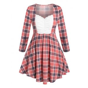 

Plus Size Plaid Ruched Bust Curved Hem Tunic Tee, Pink