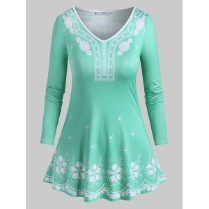 

Plus Size Binding Flower Print Long Sleeve Tee, Light green