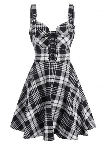 Plaid Print Lace-up Front Buckle Strap Dress - BLACK - 3XL