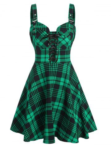 Robe à Bretelle Bouclée à Carreaux Imprimée à Lacets