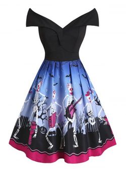 Plus Size Halloween Off The Shoulder Skeleton Print Dress - BLUE - L