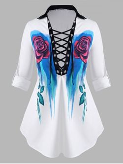 Chemise Rose à Manches Roulées avec Lacets Grande Taille - WHITE - 1X