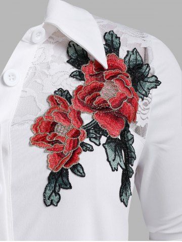 

Plus Size Lace See Thru Flower Applique Button Up Shirt, White