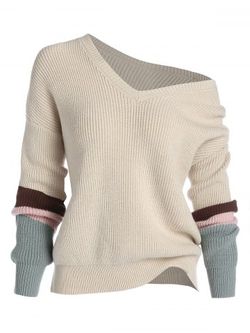 Plus Size Skew Collar Patchwork Drop Shoulder Sweater - LIGHT COFFEE - 3X