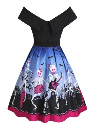 Plus Size Halloween Off The Shoulder Skeleton Print Dress