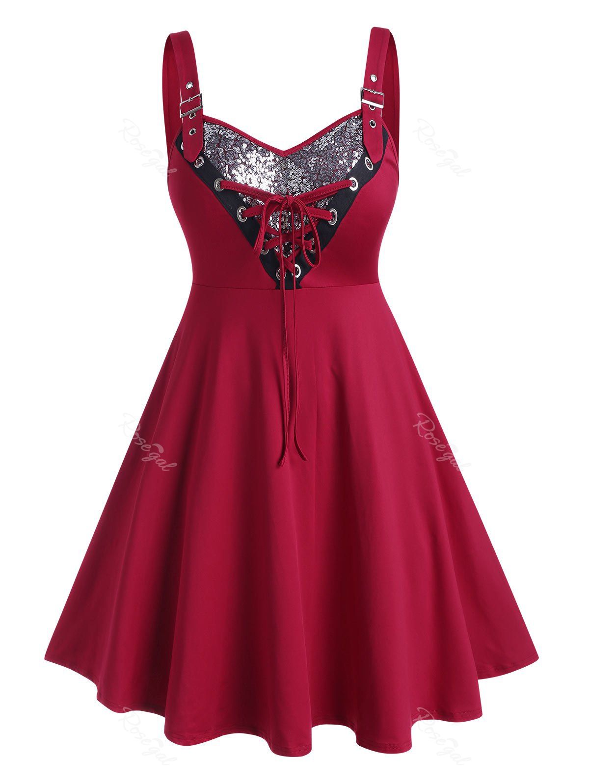 

Plus Size Lace Up Sequined A Line Dress, Red wine