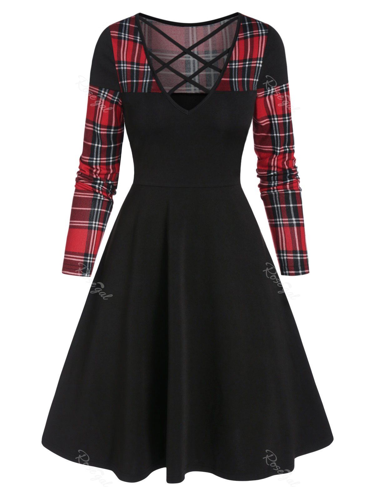 

Plaid Panel Criss Cross Mini Long Sleeve Dress, Black