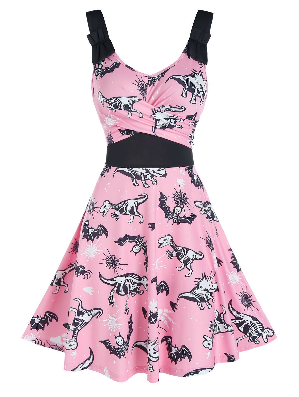 

Halloween Animal Skeleton Print Sleeveless Flare Dress, Pink