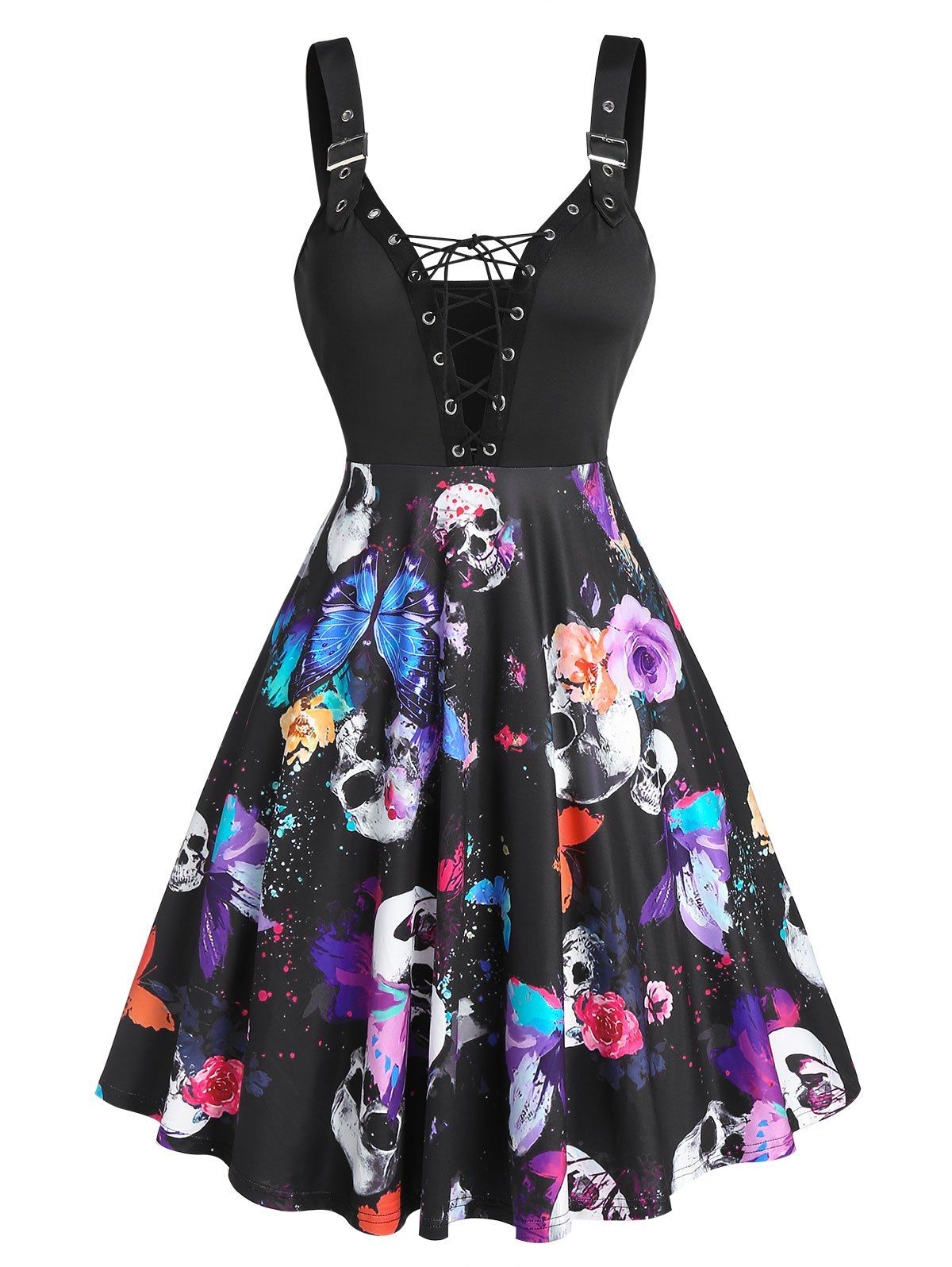 

Skull Butterfly Print Lace Up Mini Cami Dress, Black
