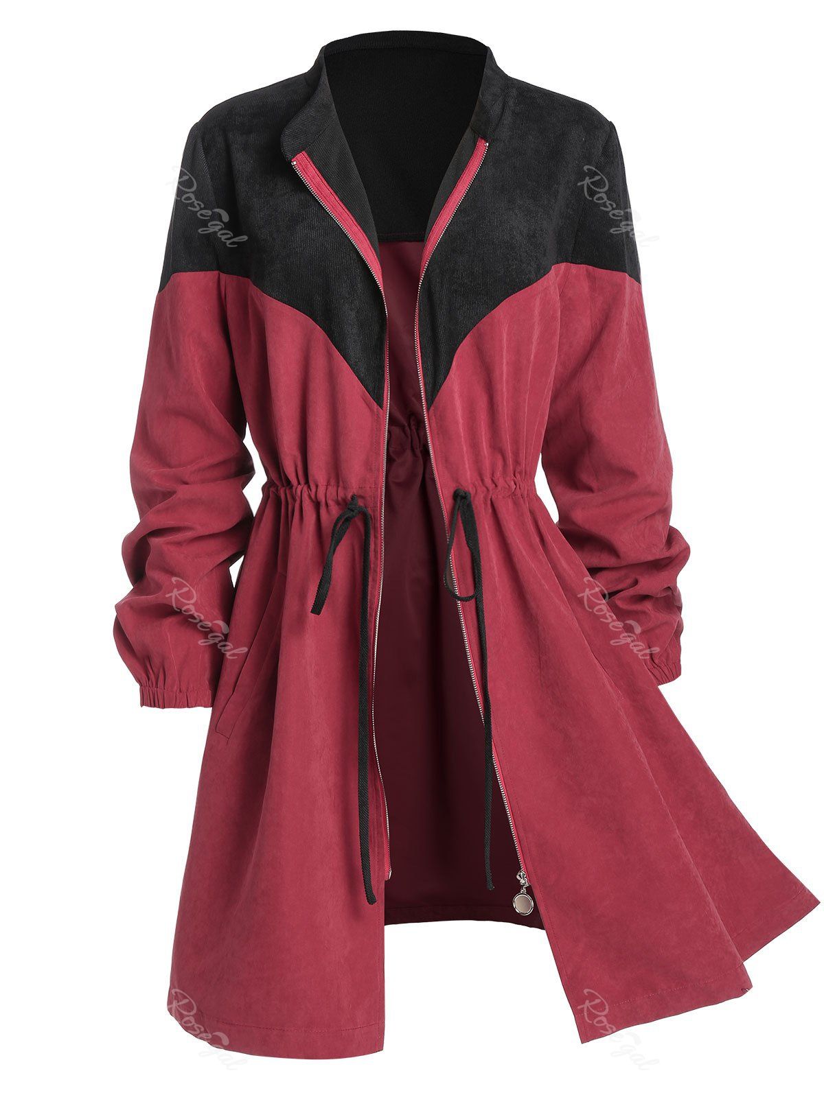 Manteau Zippé Bicolore avec Poche en Velours Côtelé à Cordon Grande Taille Rouge Vineux 4X