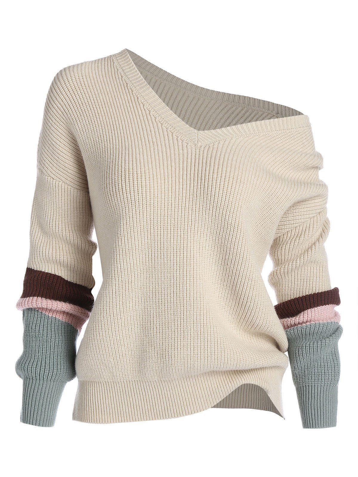 Fashion Plus Size Skew Collar Patchwork Drop Shoulder Sweater  