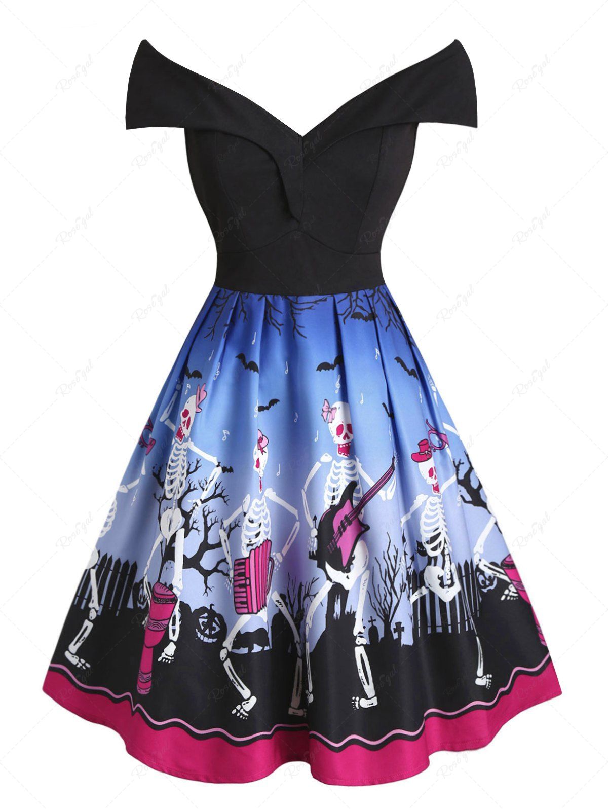 New Plus Size Halloween Off The Shoulder Skeleton Print Dress  