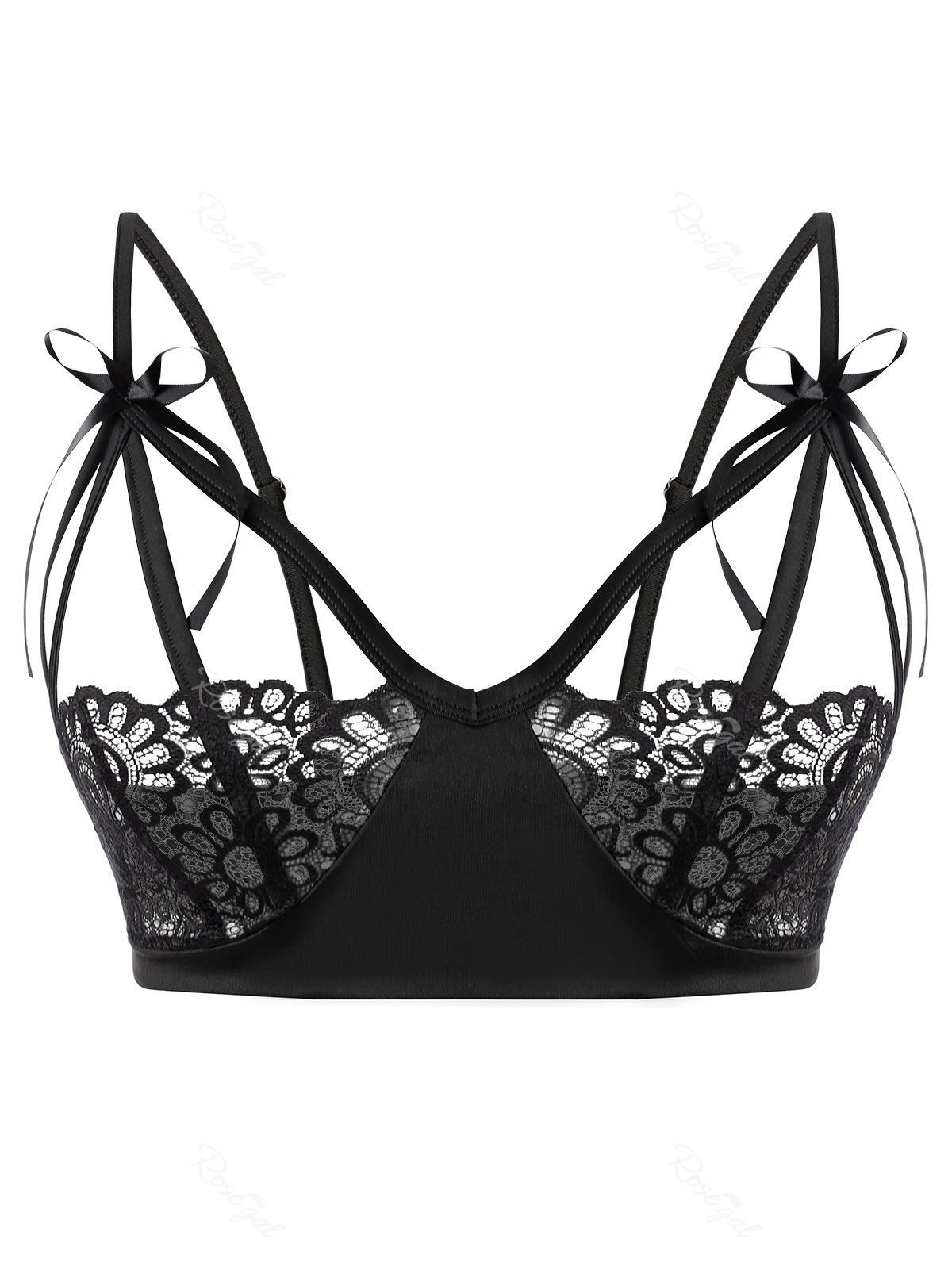 

Plus Size Lace Insert Bowknot Cutout Lingerie Top, Black