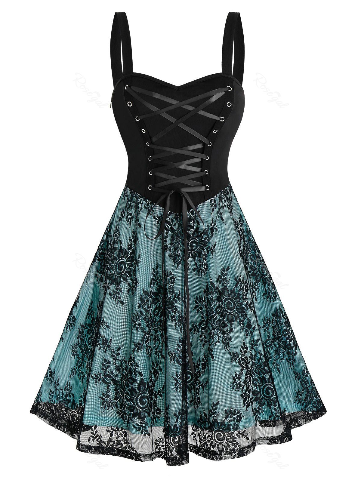 

Lace-up Front Sleeveless Flower Lace Inert Dress, Black