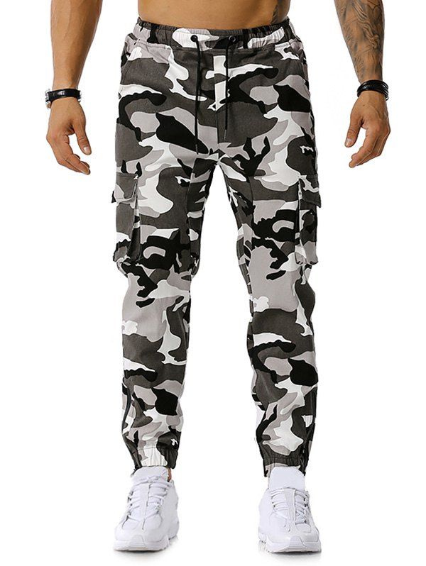 

Camo Print Multi-pocket Drawstring Cargo Pants, Gray
