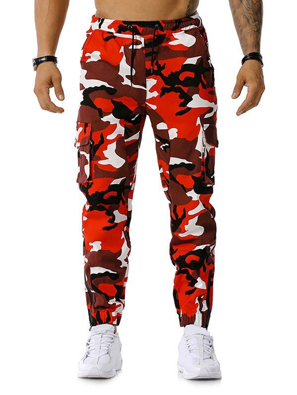 

Camo Print Multi-pocket Drawstring Cargo Pants, Red