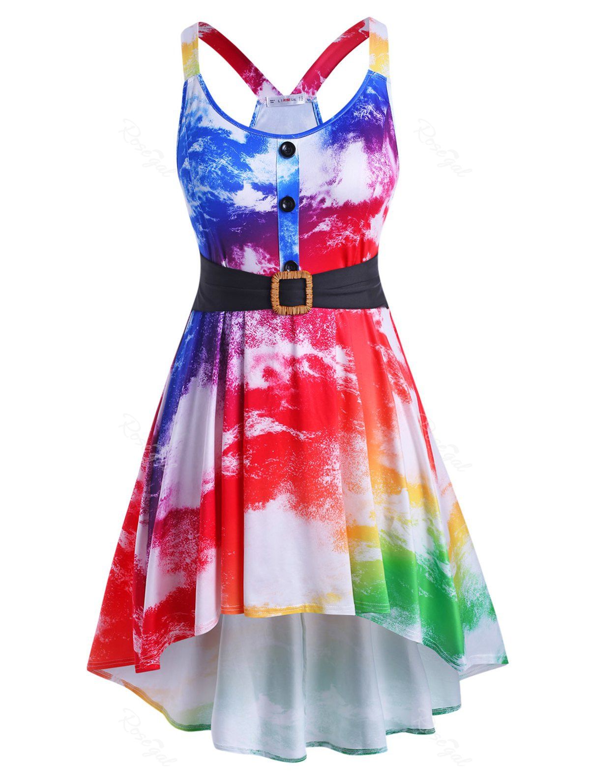 

Mock Buttons High Low Tie Dye Plus Size Dress, Multi