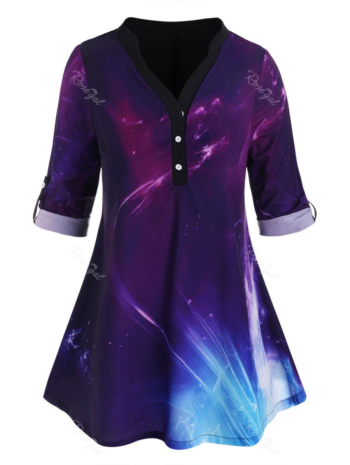 

Button Front Tab Sleeve Galaxy Plus Size Top, Purple