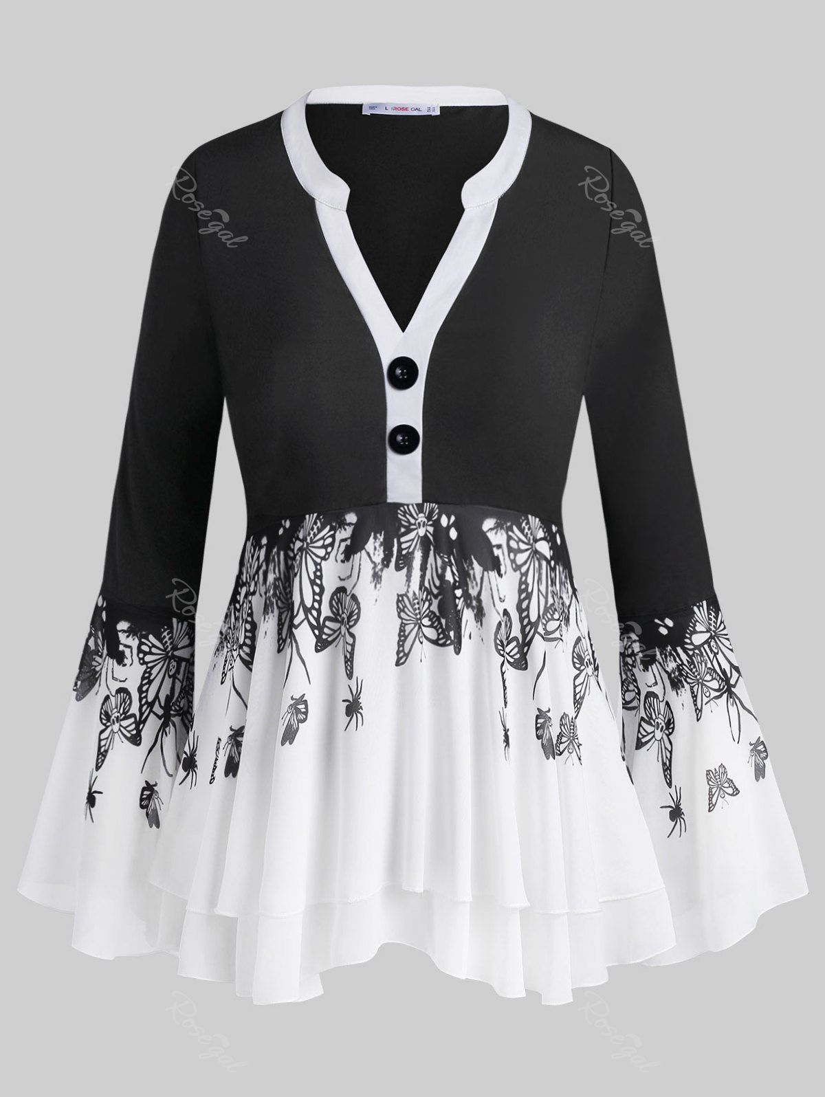 

Button Front Layered Insect Butterfly Plus Size Blouse, Black
