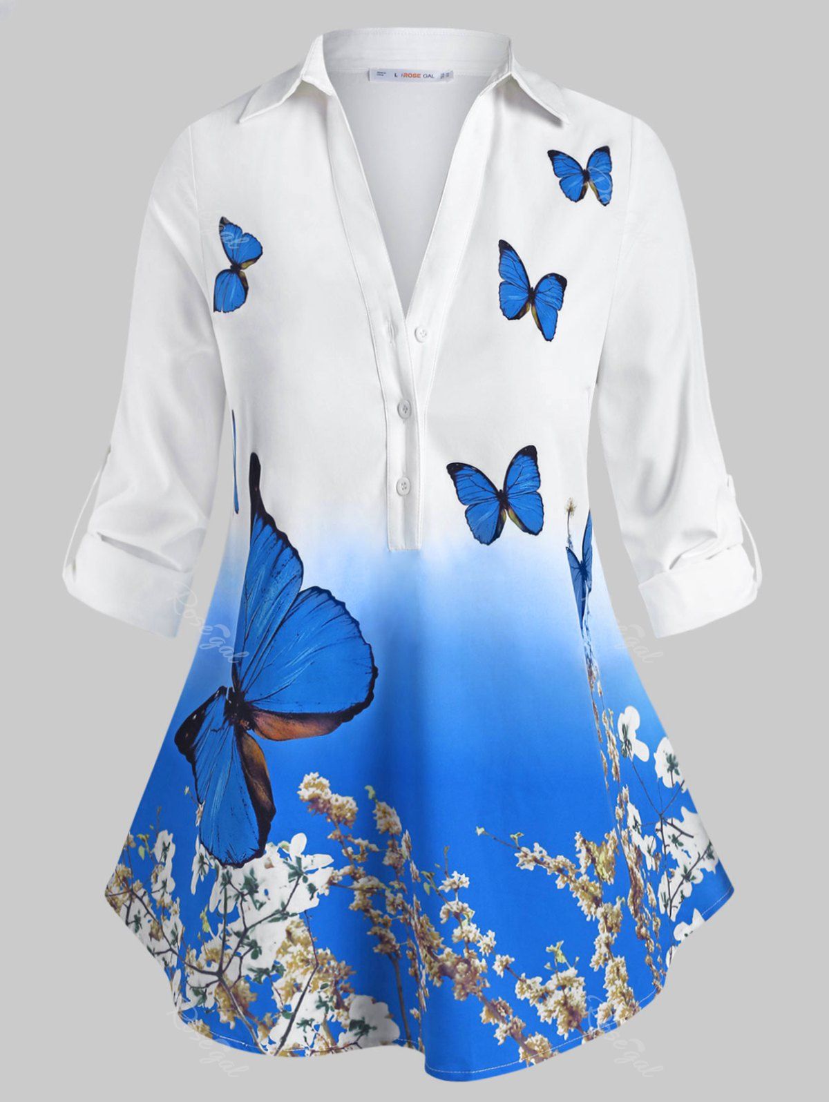 

Button Front Tab Sleeve Floral Butterfly Plus Size Shirt, White