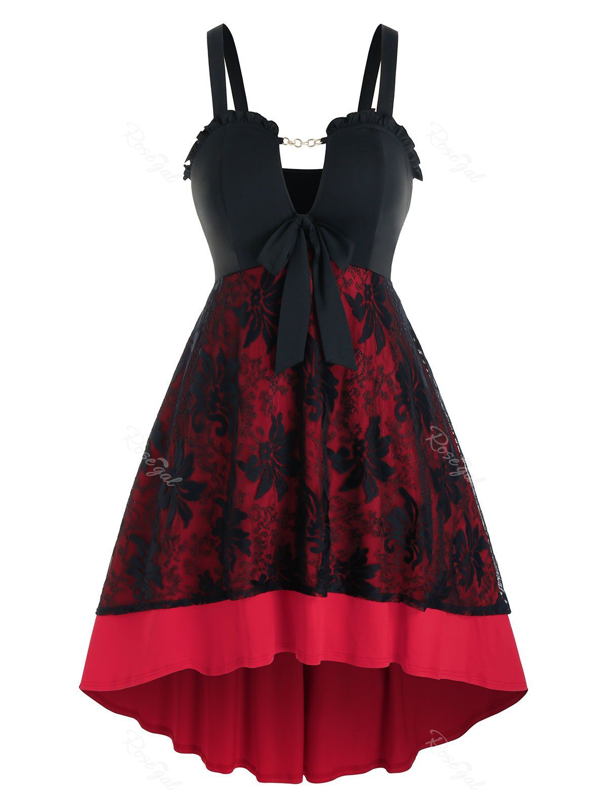 

Plus Size Bicolor Bowknot Ruffle Notch Collar Dress, Black