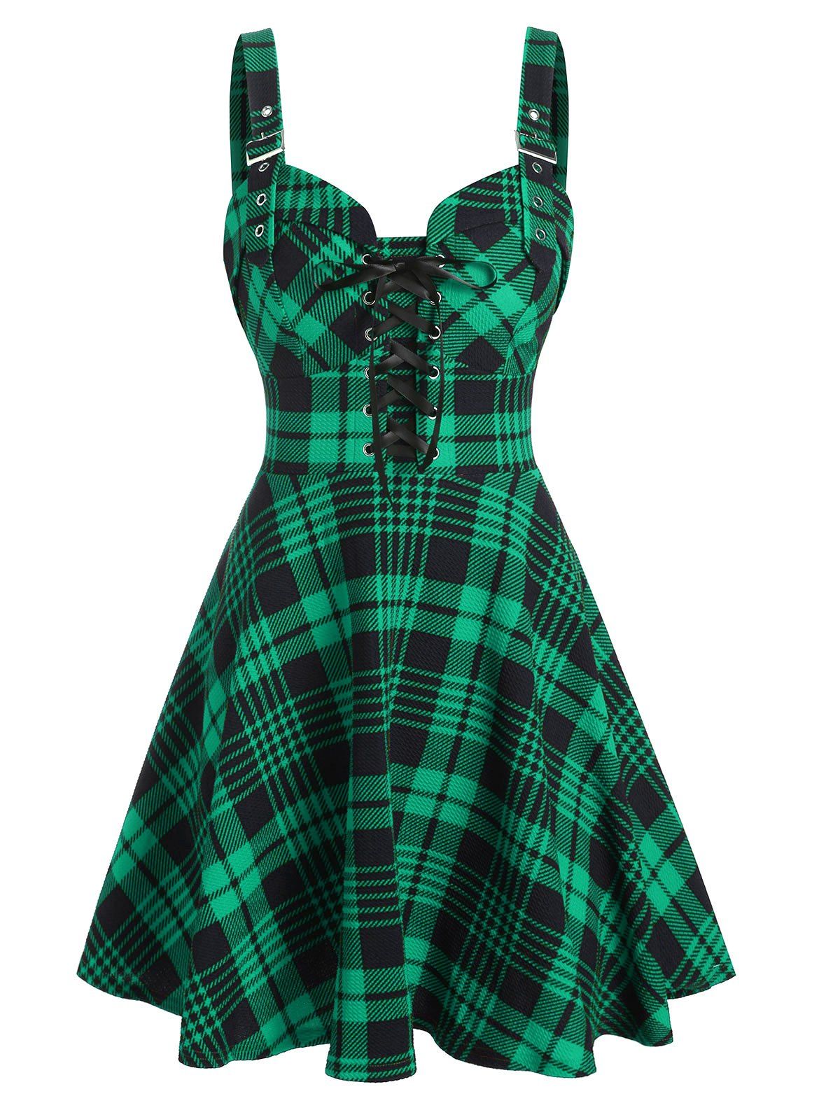 Best Plaid Print Lace-up Front Buckle Strap Dress  