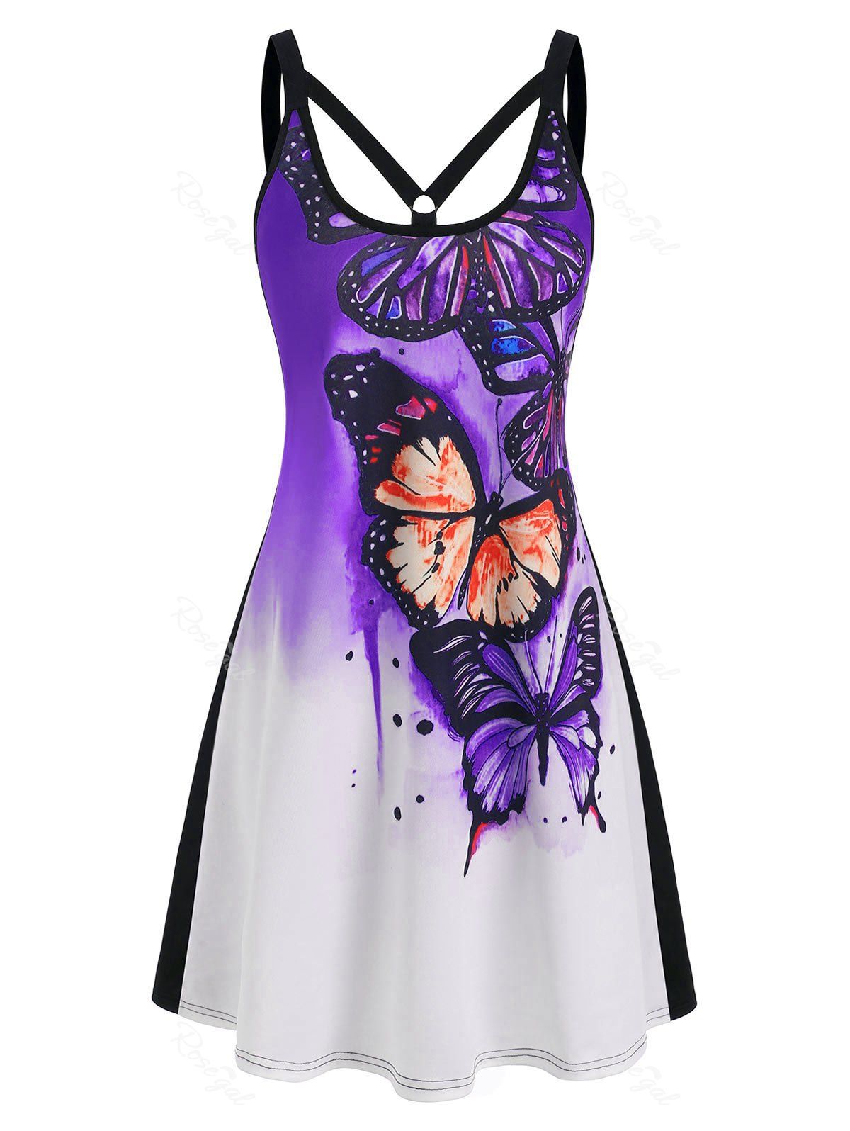 Fashion Summer Dip Dye Butterfly Print Sleeveless Dress  
