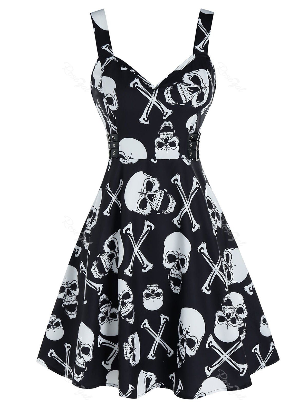 

Skull Print Buckled Detail Mini Cami Dress, Black
