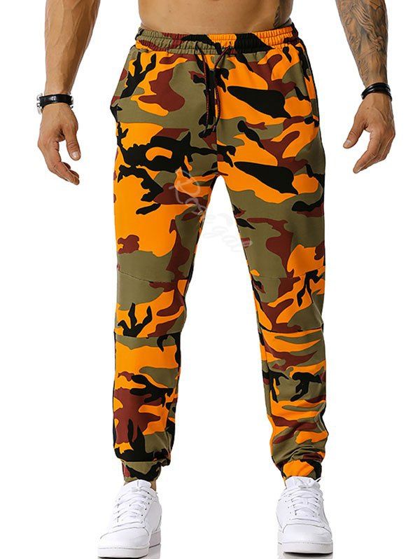 Pantalon Décontracté Camouflage Imprimé à Cordon Orange 2XL